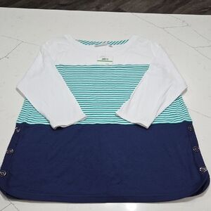 Rafaella Women's 3/4 Sleeves Blue and White Striped Blouse Sz L 100% Cotton New